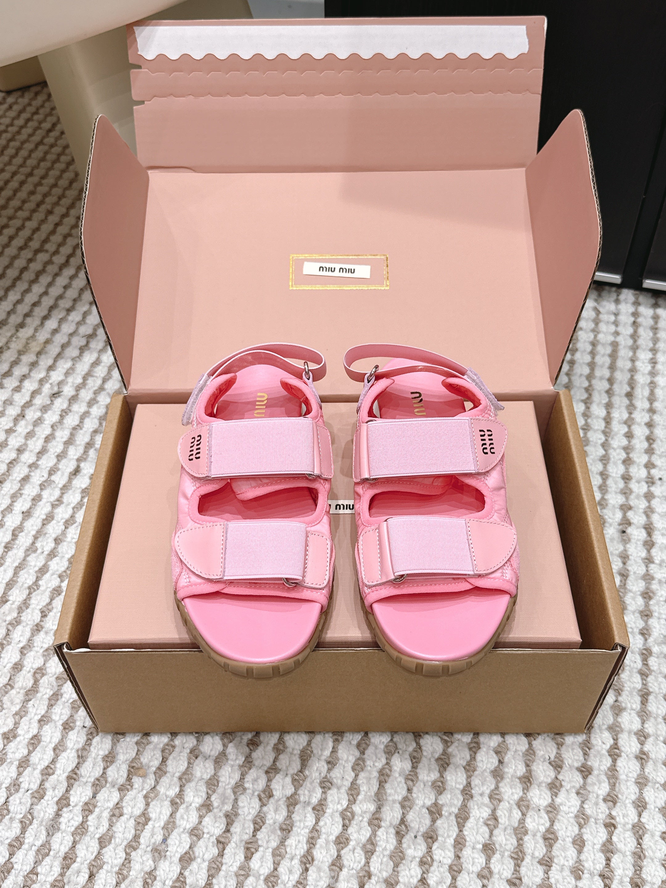 MIUMIU 26S VELCRO SANDALS IN PINK CALFSKIN AND NYLON SILVER HARDWARE