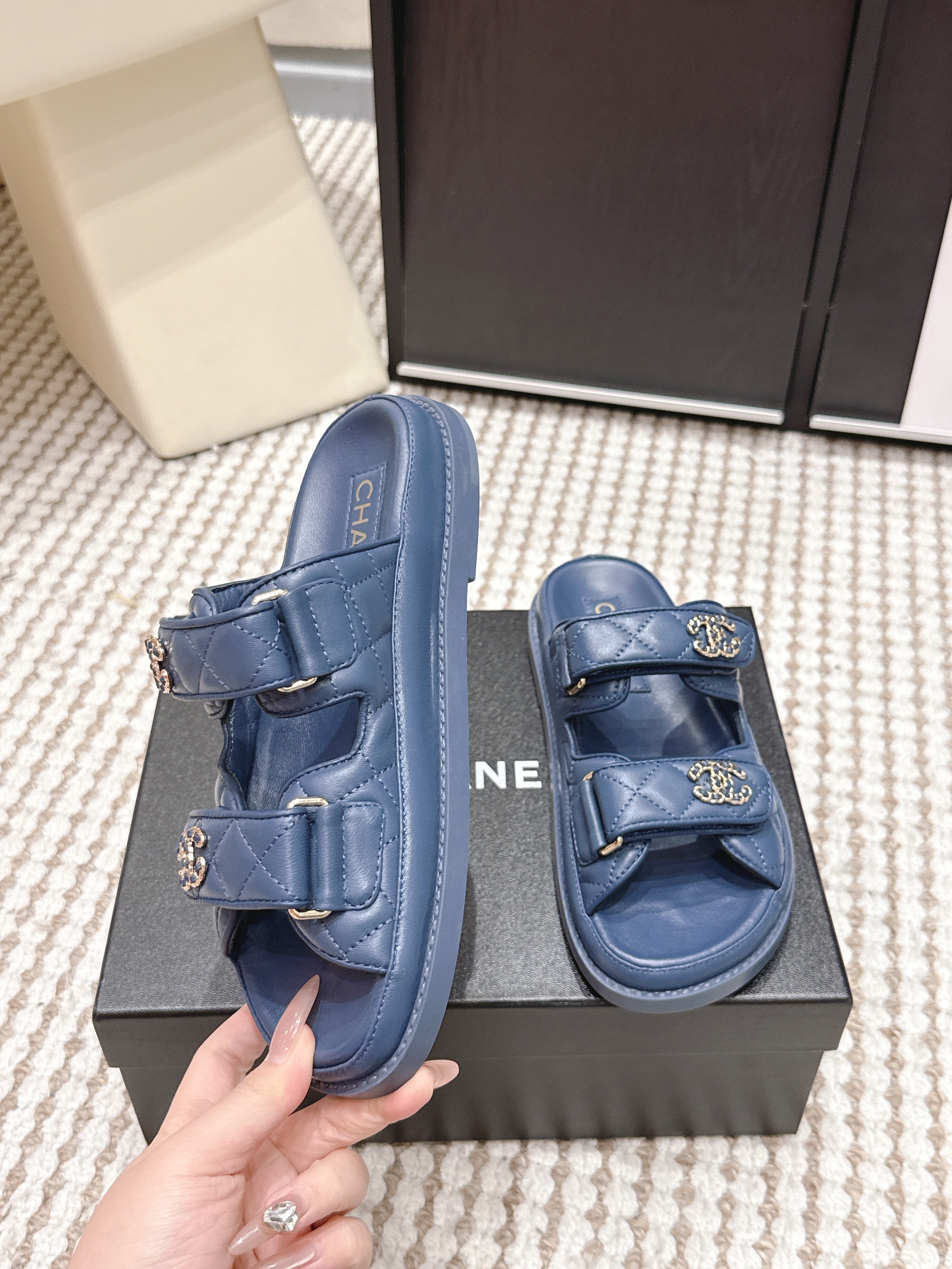 CHANEL 26S SANDALS IN SLATE BLUE CALFSKIN