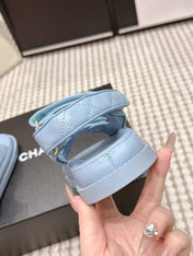CHANEL 26S QUILTED DAD SANDALS IN LIGHT BLUE CALFSKIN