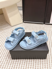 CHANEL 26S QUILTED DAD SANDALS IN LIGHT BLUE CALFSKIN