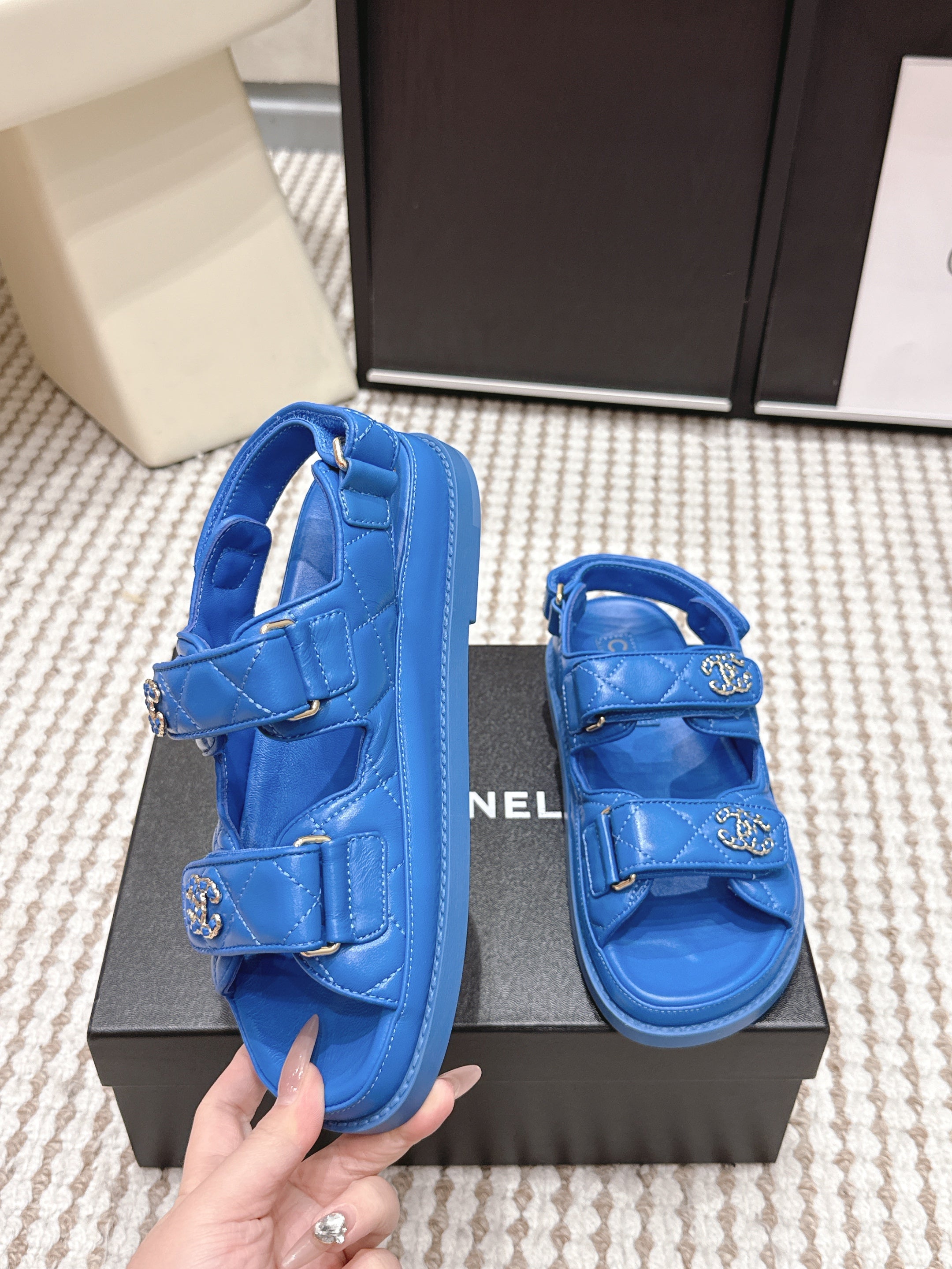 CHANEL 26S QUILTED DAD SANDALS IN BLUE CALFSKIN