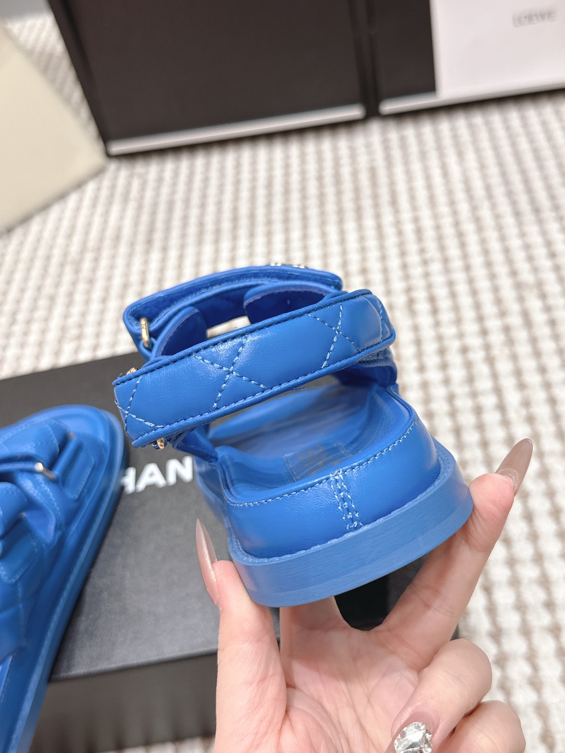 CHANEL 26S QUILTED DAD SANDALS IN BLUE CALFSKIN