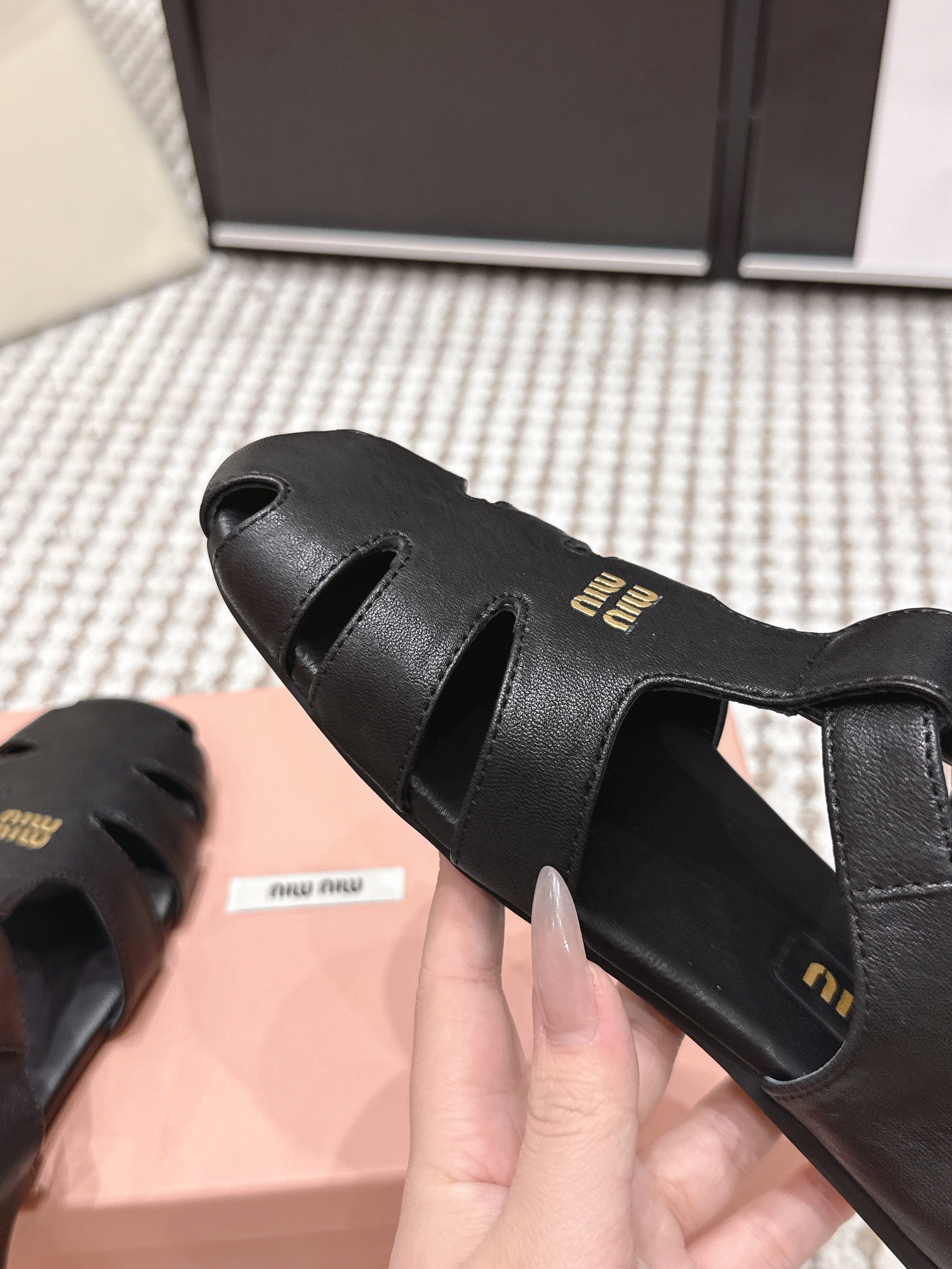 MIUMIU 26S RUCHES FISHERMAN SANDALS IN BLACK CALFSKIN GOLD HARDWARE