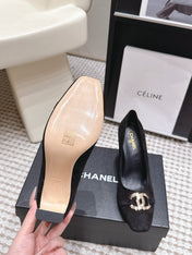 CHANEL 26S HIGH HEELS 95 MM IN BLACK SUEDE WITH GOLD-TONE CC LOGO