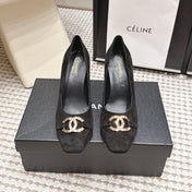 CHANEL 26S HIGH HEELS 95 MM IN BLACK SUEDE WITH GOLD-TONE CC LOGO