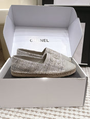 CHANEL 26S SLIP ONS IN GREY TWEED AND PATENT CALFSKIN