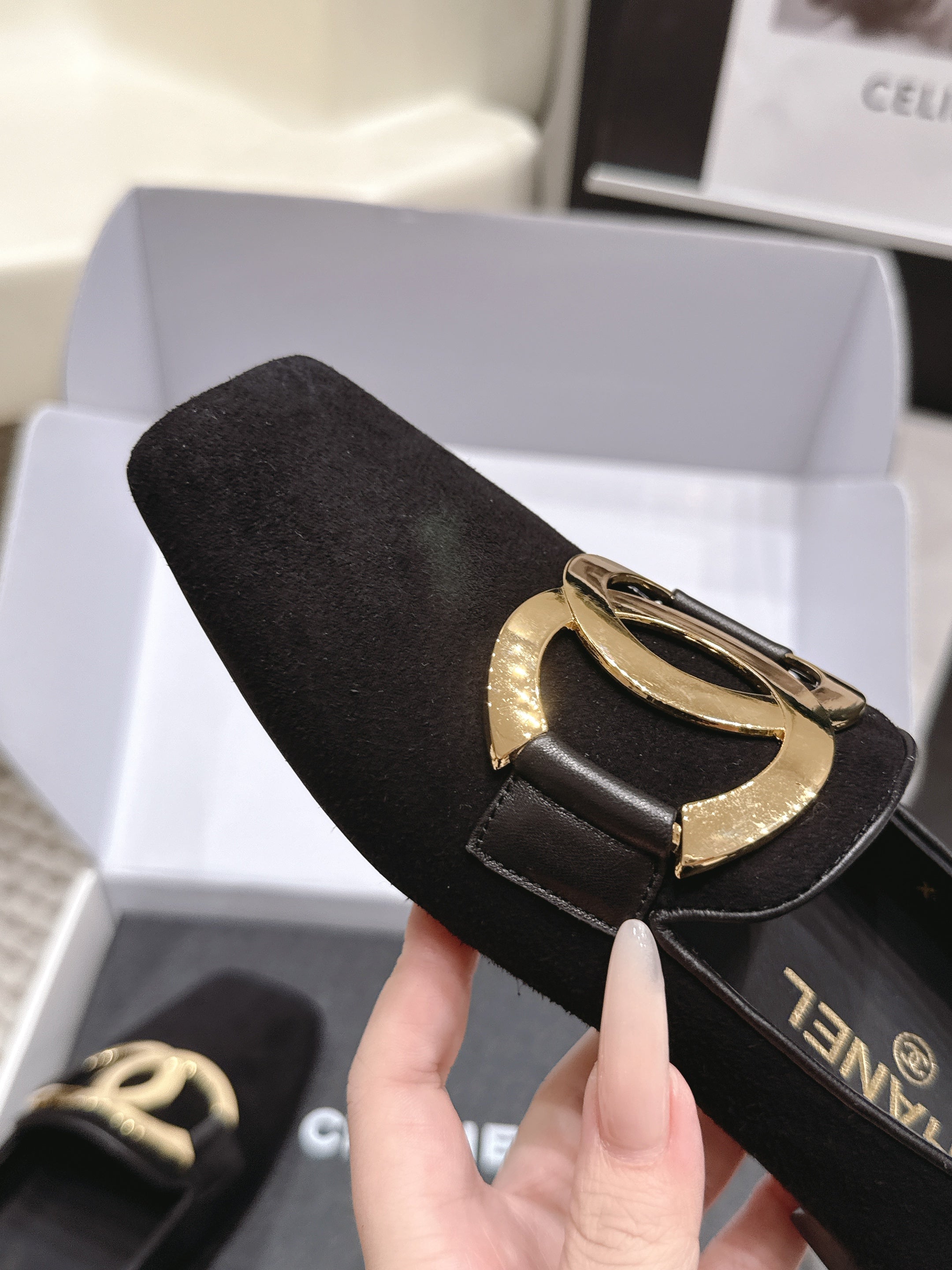 CHANEL 26S SQUARE TOE FLATS IN BLACK SUEDE WITH GOLD TONE CC LOGO