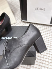 CHANEL 26S LACE-UP OXFORD HEELS IN BLACK CALFSKIN WITH GOLD TOE CAP