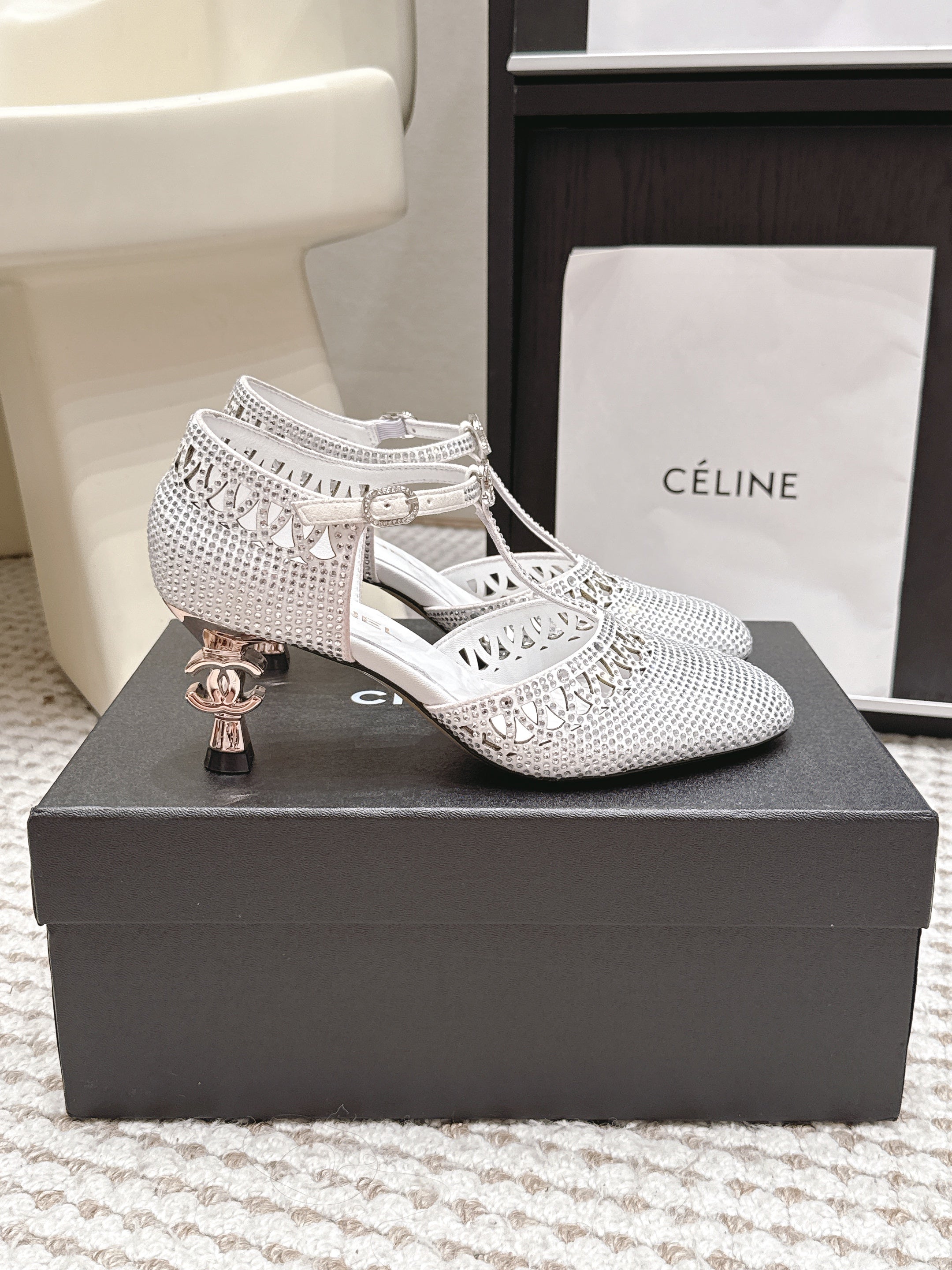 CHANEL 26S HIGH HEELS 50 MM IN WHITE RHINESTONE EMBELLISHED