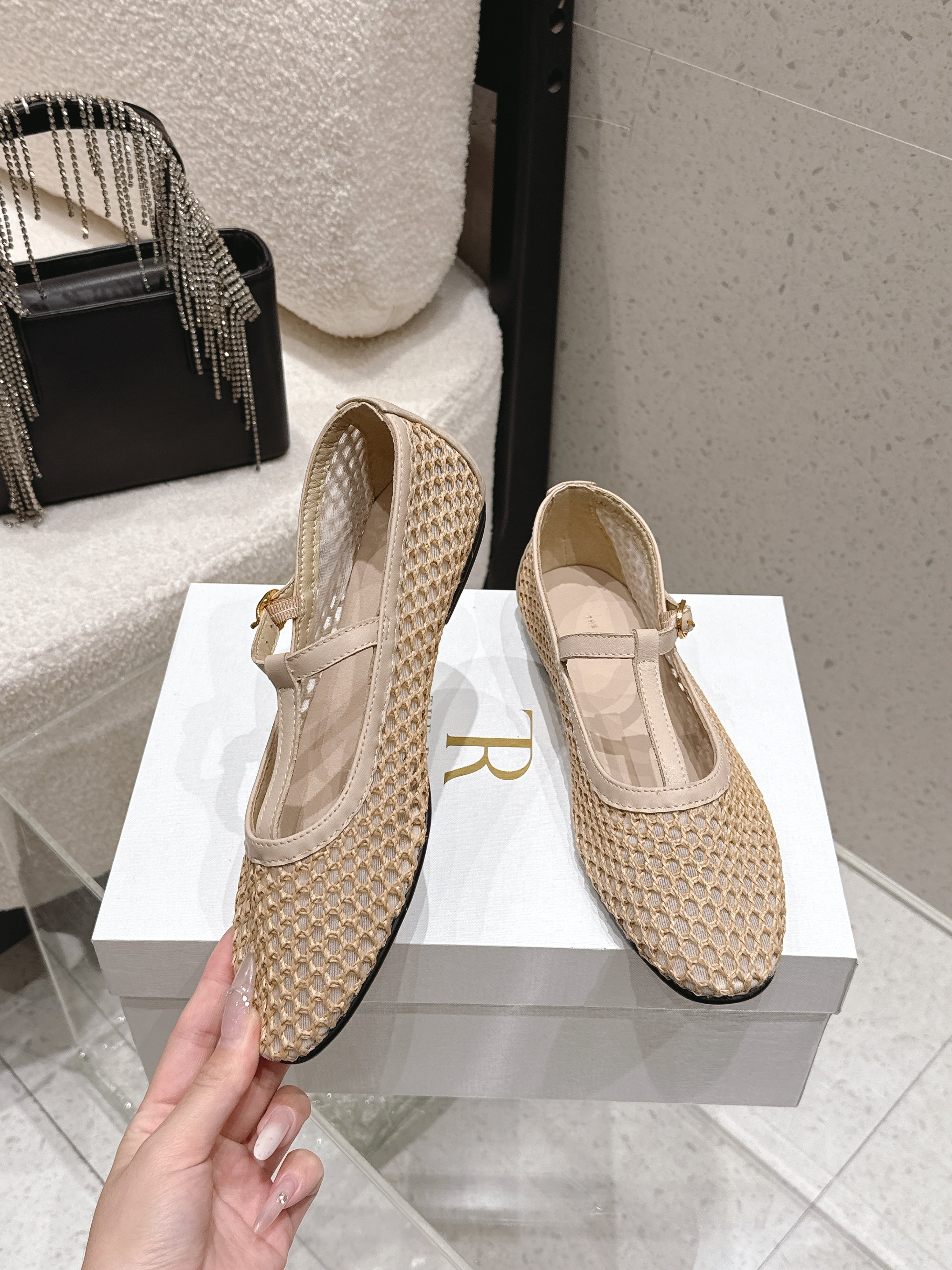 THE ROW 26S MARY JANE FLATS IN BEIGE CALFSKIN AND MESH
