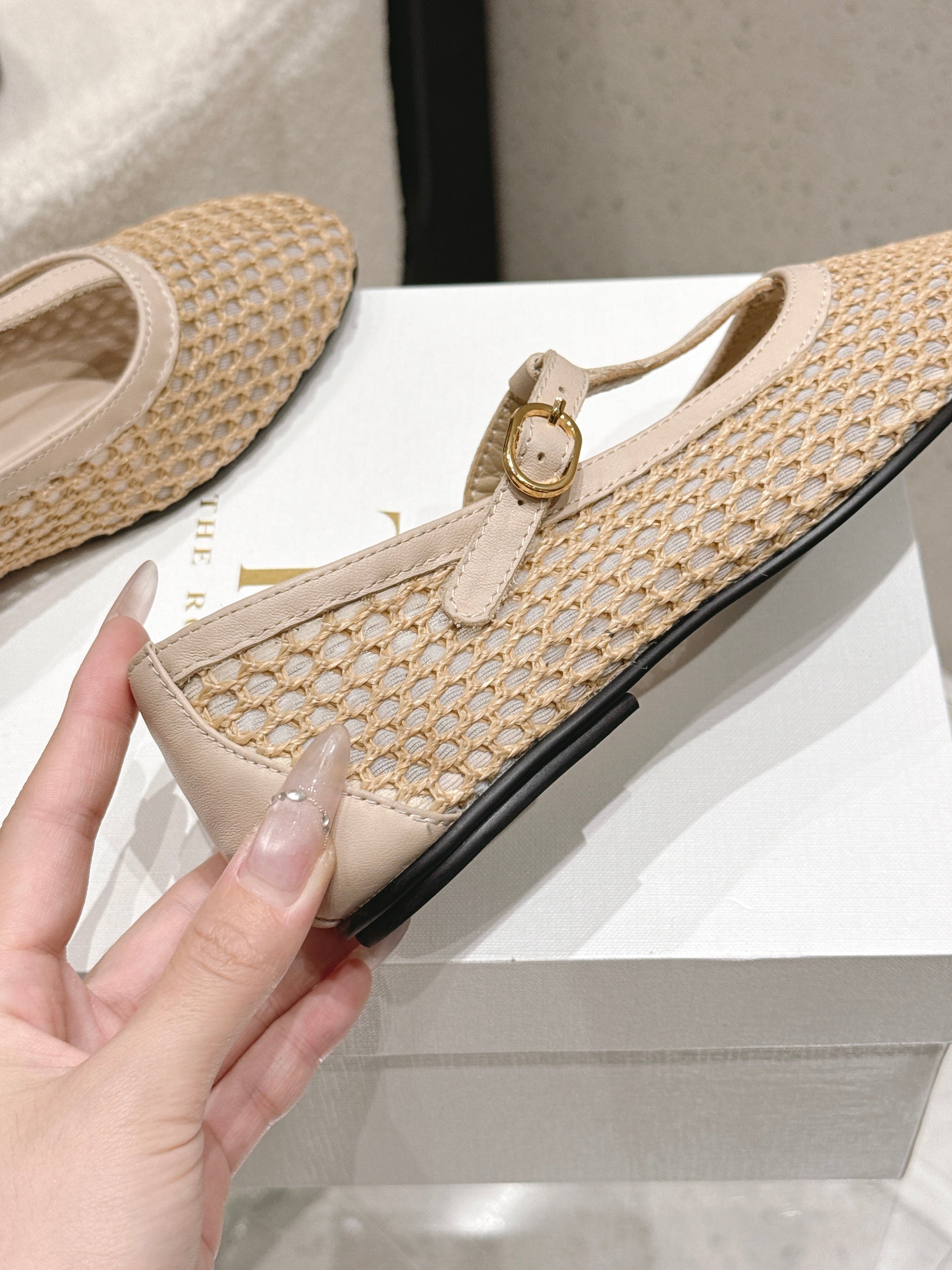 THE ROW 26S MARY JANE FLATS IN BEIGE CALFSKIN AND MESH