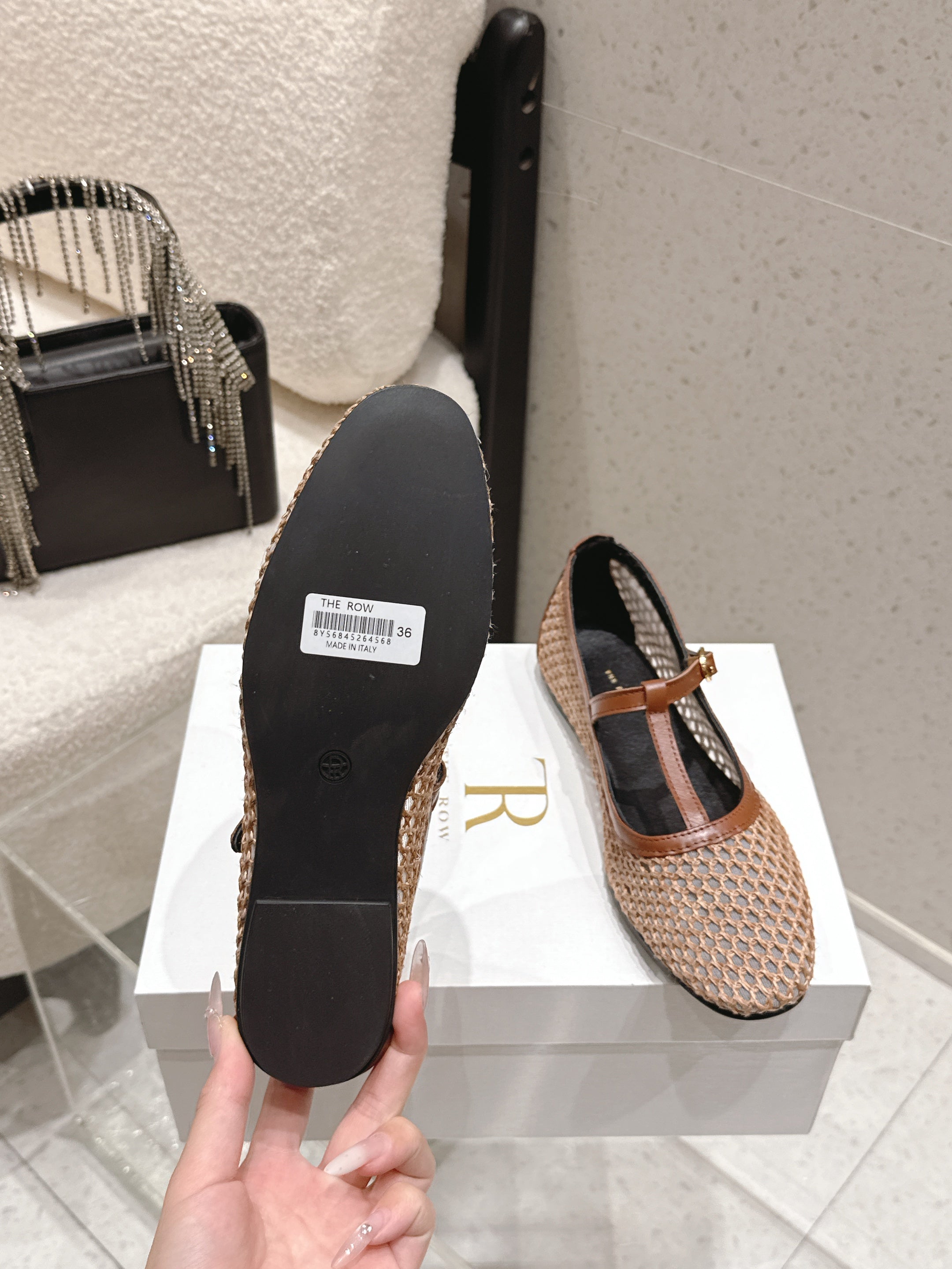 THE ROW 26S MARY JANE FLATS IN LIGHT BROWN CALFSKIN AND MESH