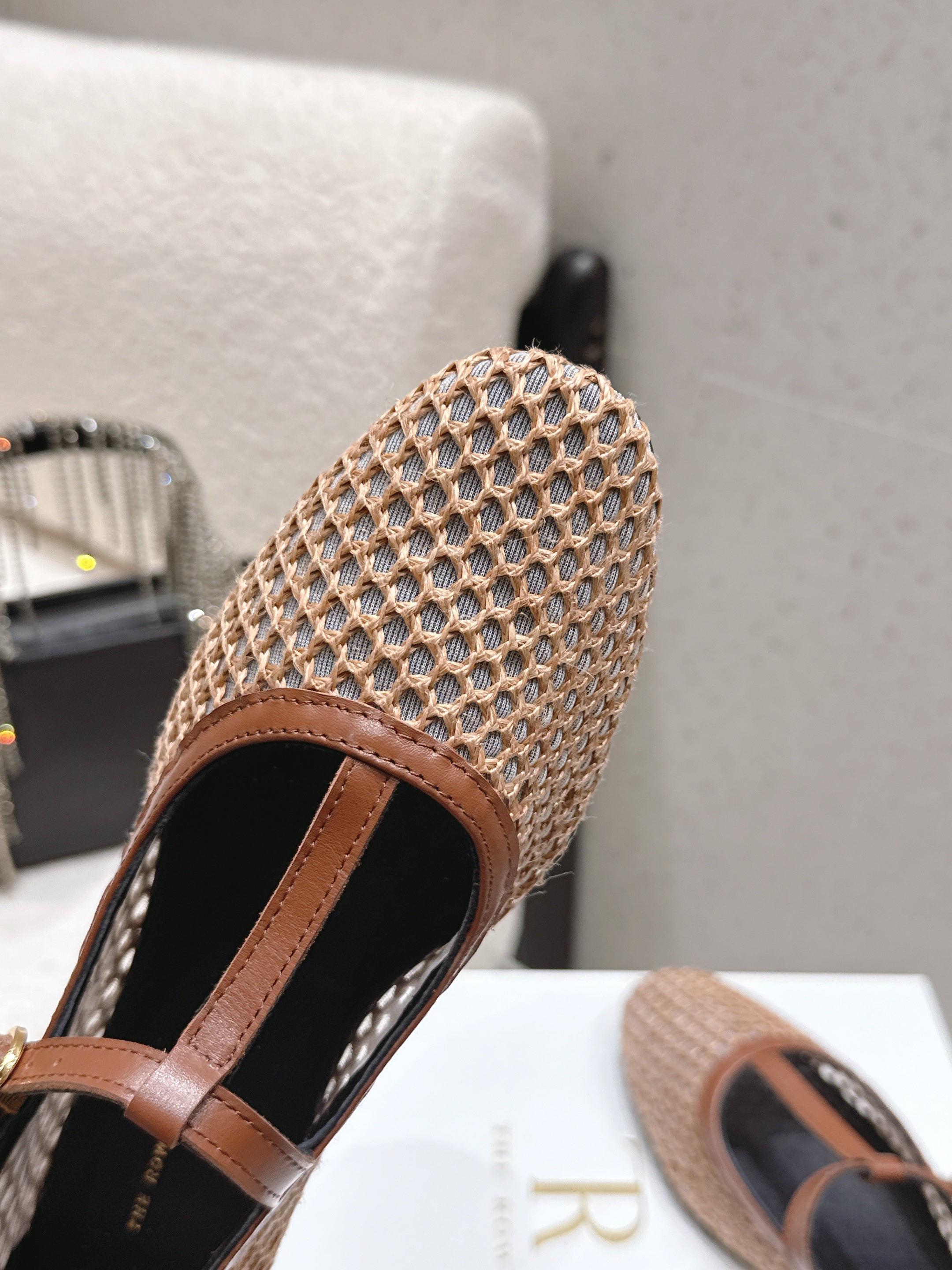 THE ROW 26S MARY JANE FLATS IN LIGHT BROWN CALFSKIN AND MESH
