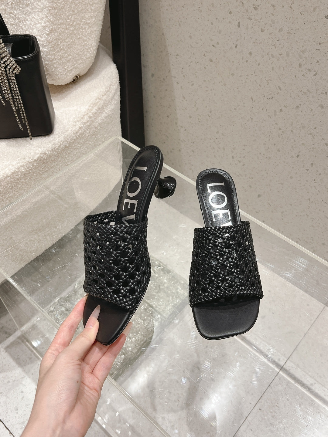 LOEWE 26S WOVEN HEEL SANDALS 50 MM IN BLACK LAMBSKIN