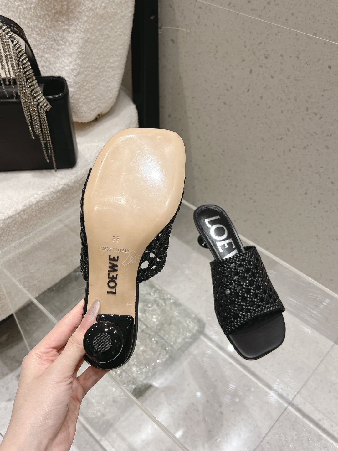 LOEWE 26S WOVEN HEEL SANDALS 50 MM IN BLACK LAMBSKIN