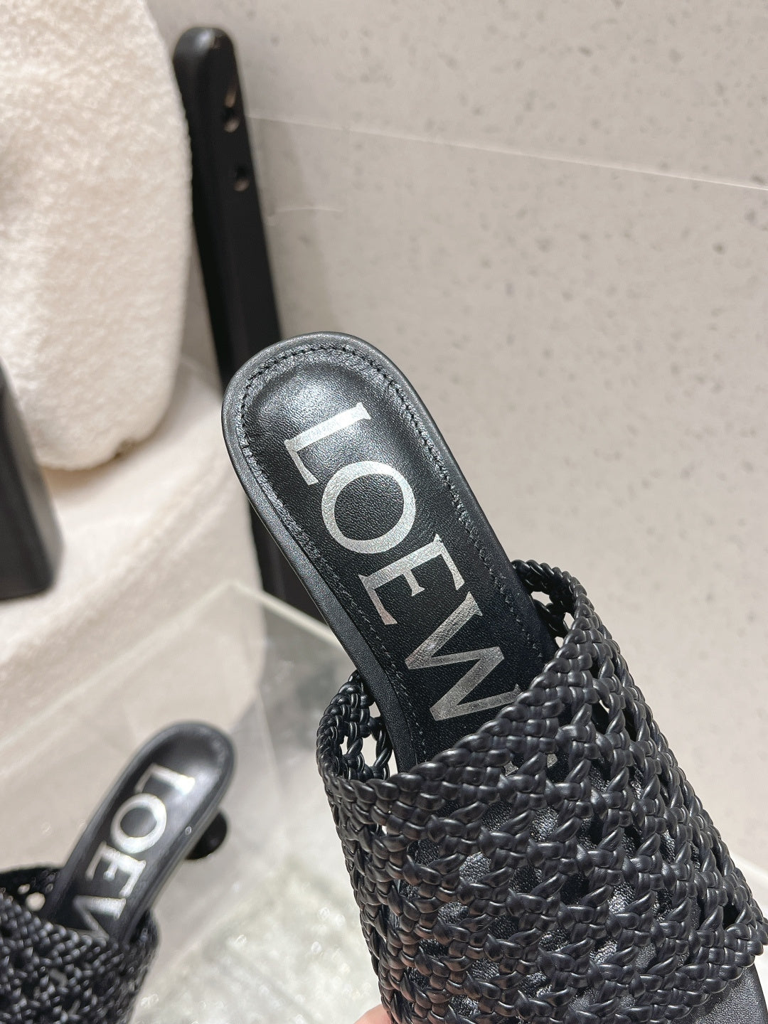 LOEWE 26S WOVEN HEEL SANDALS 50 MM IN BLACK LAMBSKIN