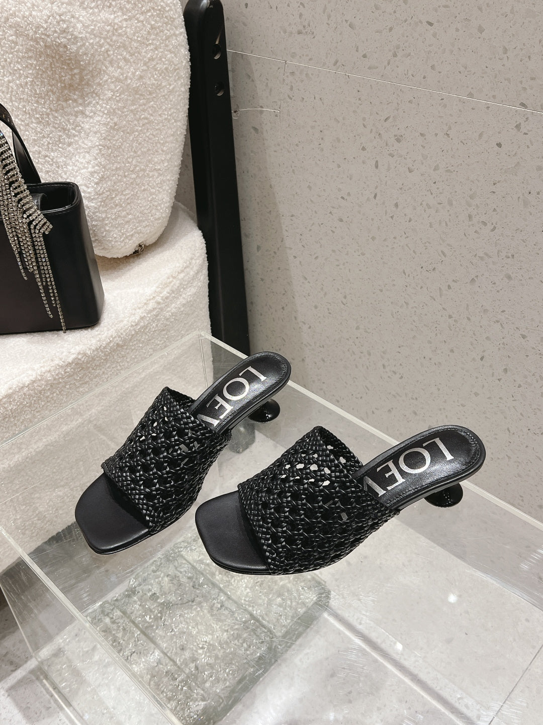 LOEWE 26S WOVEN HEEL SANDALS 50 MM IN BLACK LAMBSKIN