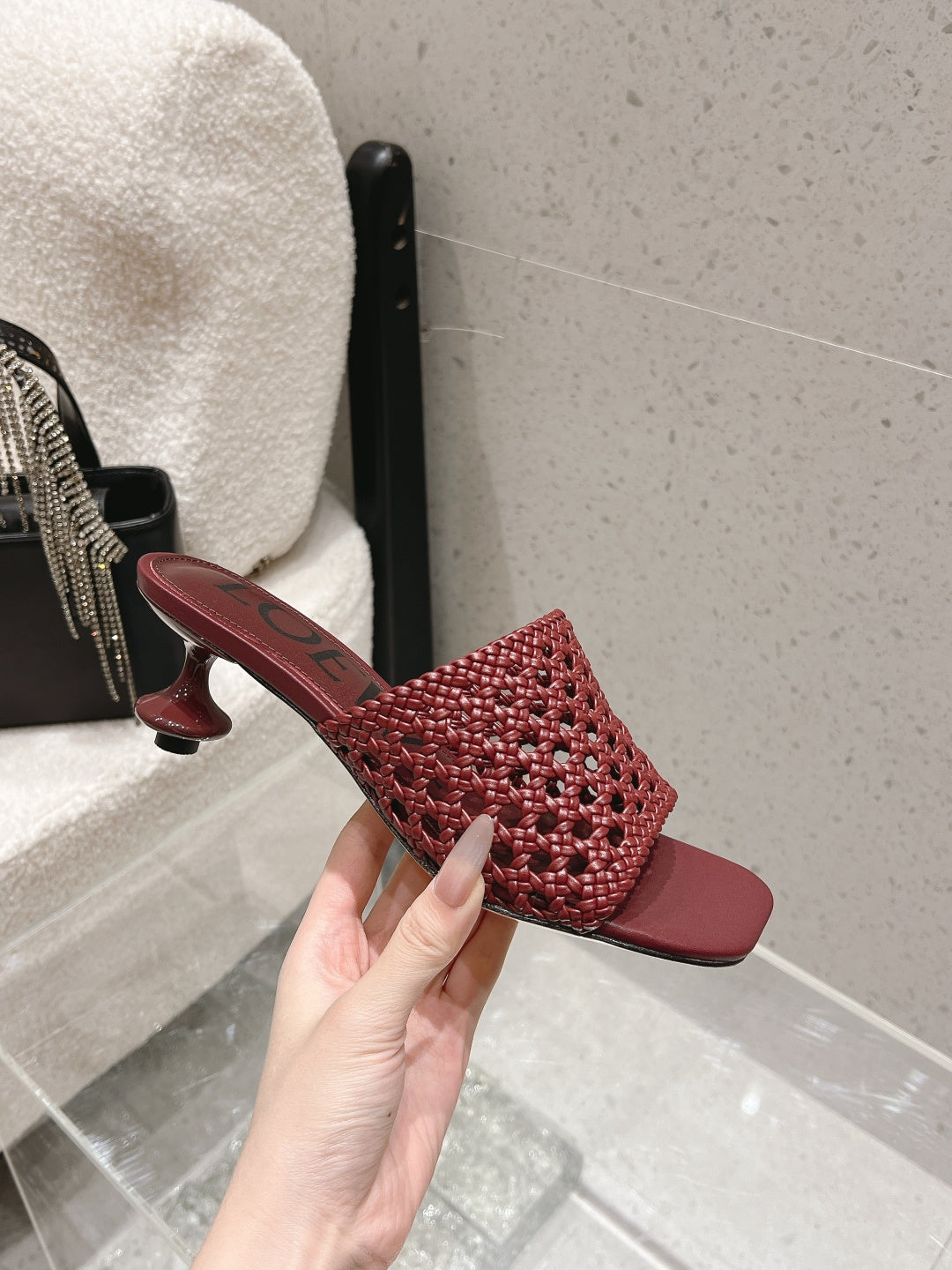 LOEWE 26S WOVEN HEEL SANDALS 50 MM IN DARK RED LAMBSKIN