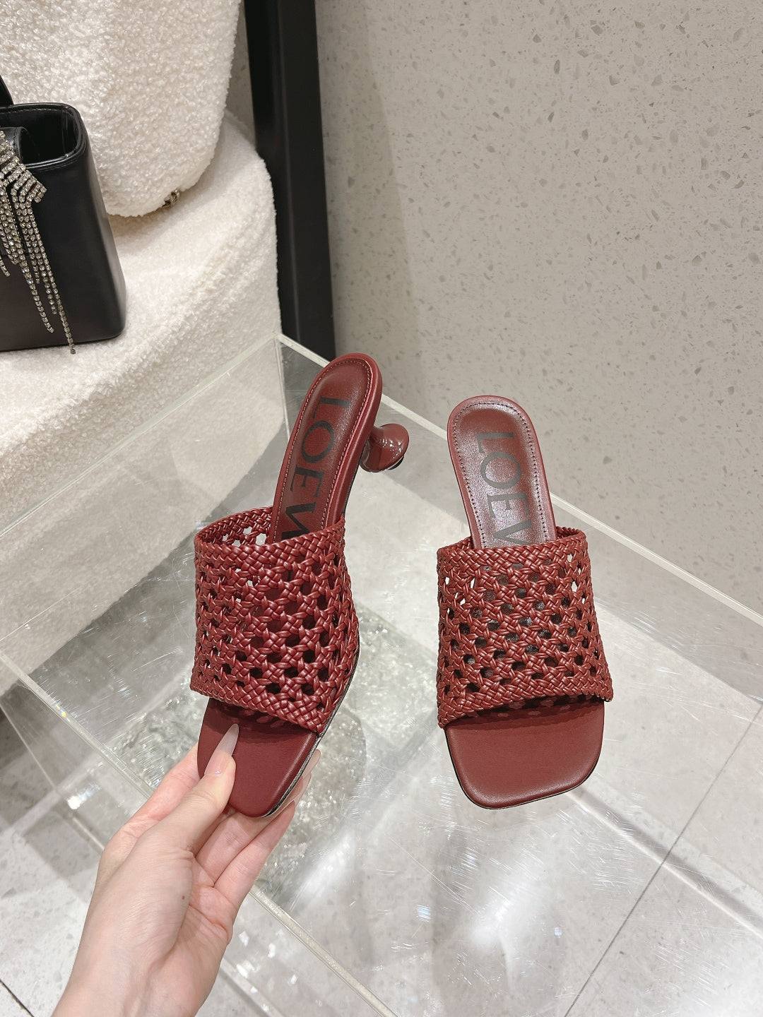 LOEWE 26S WOVEN HEEL SANDALS 50 MM IN DARK RED LAMBSKIN