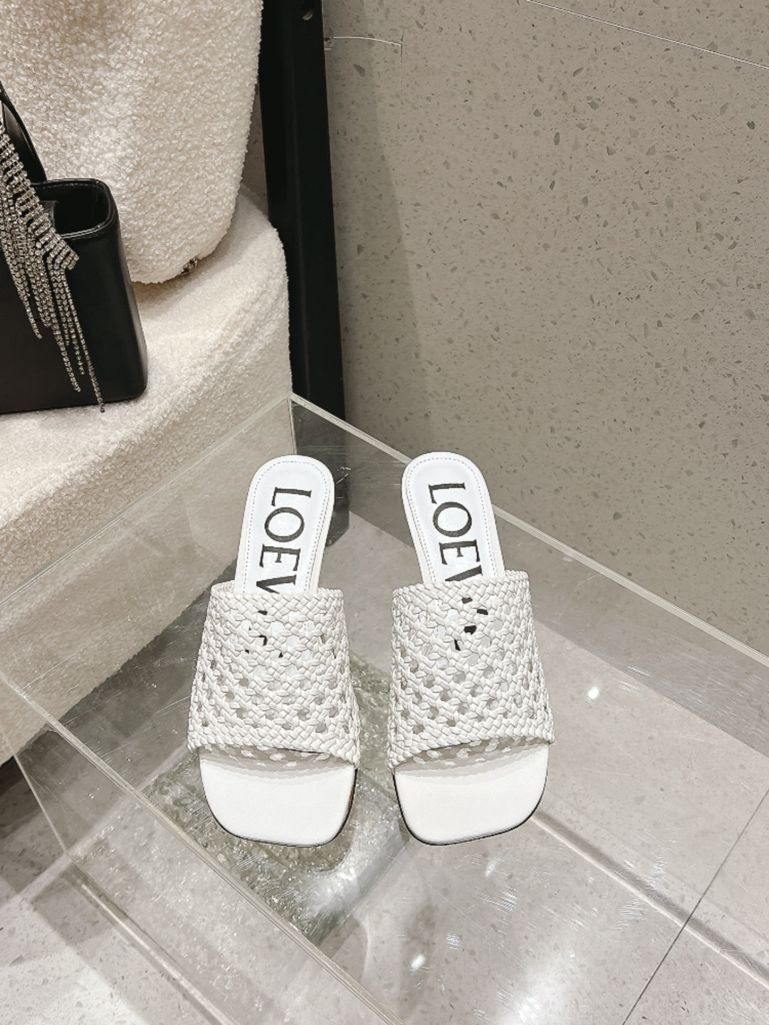 LOEWE 26S WOVEN HEEL SANDALS 50 MM IN WHITE LAMBSKIN