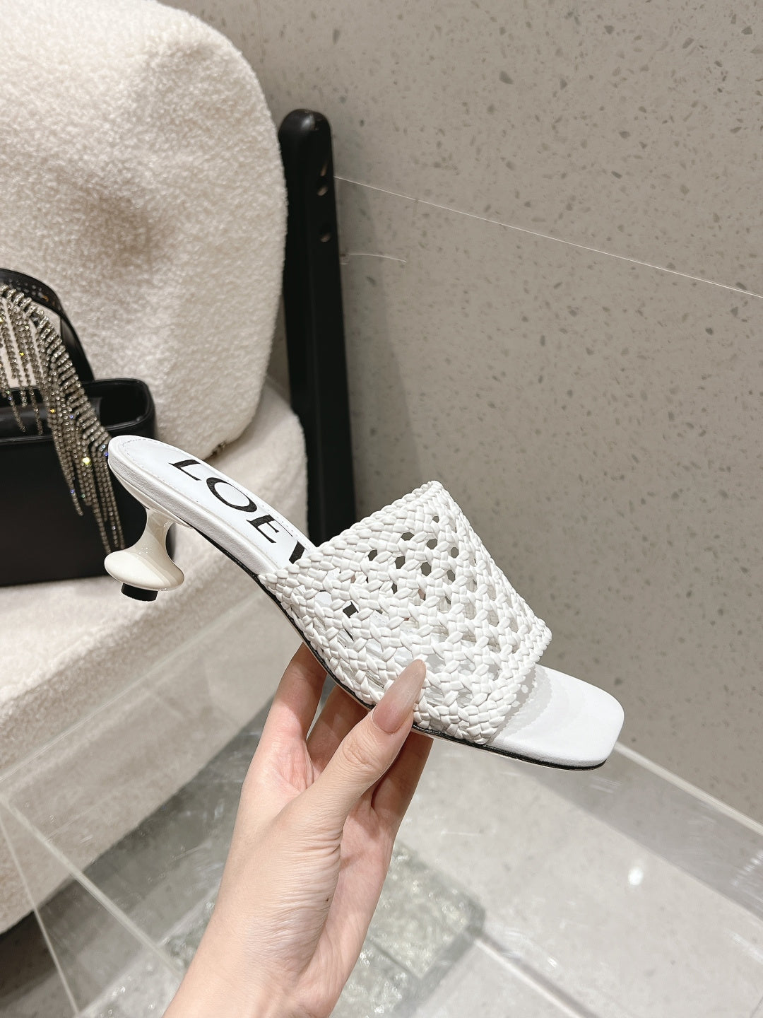 LOEWE 26S WOVEN HEEL SANDALS 50 MM IN WHITE LAMBSKIN