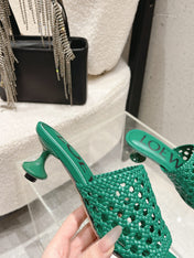 LOEWE 26S WOVEN HEEL SANDALS 50 MM IN GREEN LAMBSKIN