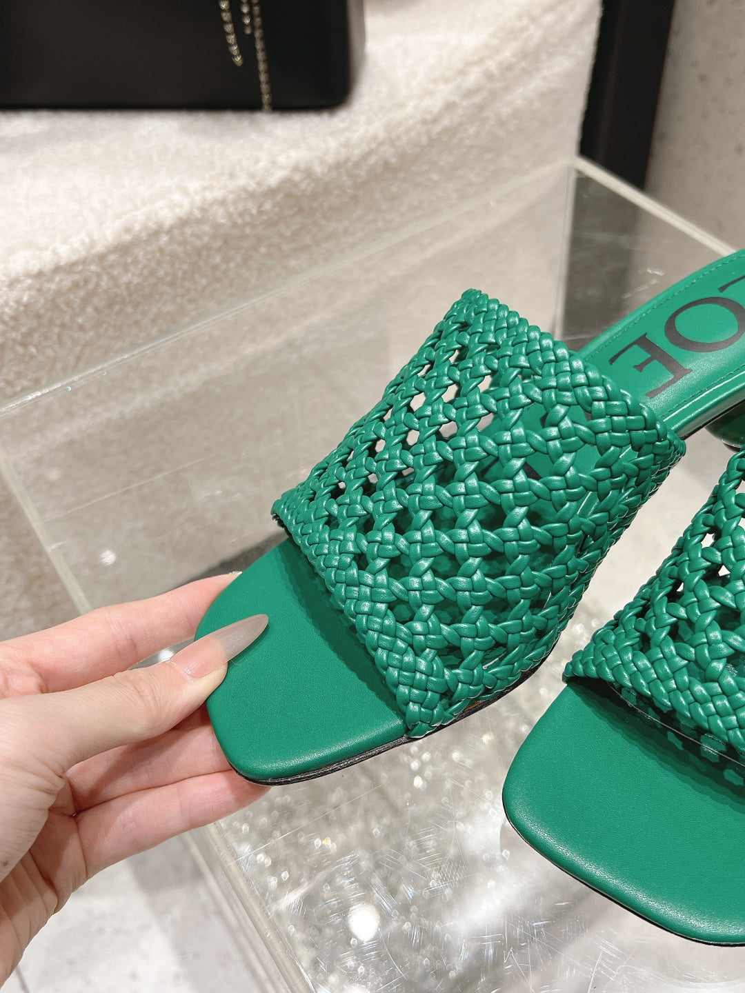 LOEWE 26S WOVEN HEEL SANDALS 50 MM IN GREEN LAMBSKIN