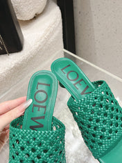 LOEWE 26S WOVEN HEEL SANDALS 50 MM IN GREEN LAMBSKIN