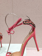 AQUAZZURA 26S BUTTERFLY LACE-UP HEELS 100 MM IN PINK WOVEN TEXTURE