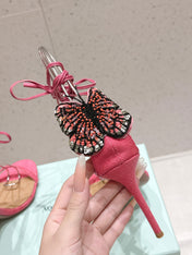 AQUAZZURA 26S BUTTERFLY LACE-UP HEELS 100 MM IN PINK WOVEN TEXTURE