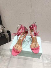 AQUAZZURA 26S BUTTERFLY LACE-UP HEELS 100 MM IN PINK WOVEN TEXTURE