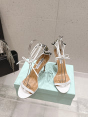 AQUAZZURA 26S BUTTERFLY LACE-UP HEELS 100 MM IN WHITE WOVEN TEXTURE