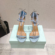 AQUAZZURA 26S BUTTERFLY LACE-UP HEELS 100 MM IN PASTEL BLUE FABRIC