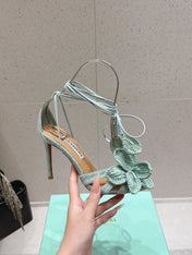 AQUAZZURA 26S FLORAL HEELS 100 MM IN MINT GREEN WOVEN RAFFIA