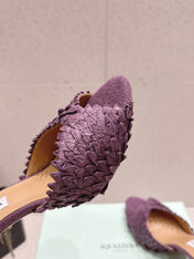 AQUAZZURA 26S HEELED MULES 80 MM IN DARK PURPLE WOVEN RAFFIA