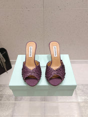 AQUAZZURA 26S HEELED MULES 80 MM IN DARK PURPLE WOVEN RAFFIA