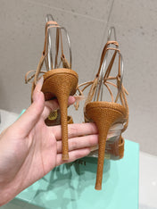 AQUAZZURA 26S HIGH-HEEL SANDALS 100 MM IN BROWN WOVEN RAFFIA