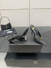 YSL 25S SLINGBACK HIGH HEELS 90 MM IN BLACK SATIN WITH GOLD HARDWARE STYLE 18