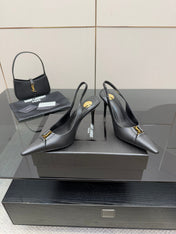 YSL 25S SLINGBACK HIGH HEELS 90 MM IN BLACK SMOOTH LAMBSKIN WITH GOLD HARDWARE STYLE 3