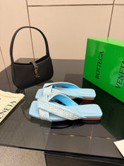 BOTTEGA VENETA 26S SANDALS IN LIGHT BLUE CALFSKIN AND RAFFIA