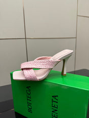 BOTTEGA VENETA 26S HEELED SANDALS 95 MM IN LIGHT PINK CALFSKIN AND RAFFIA