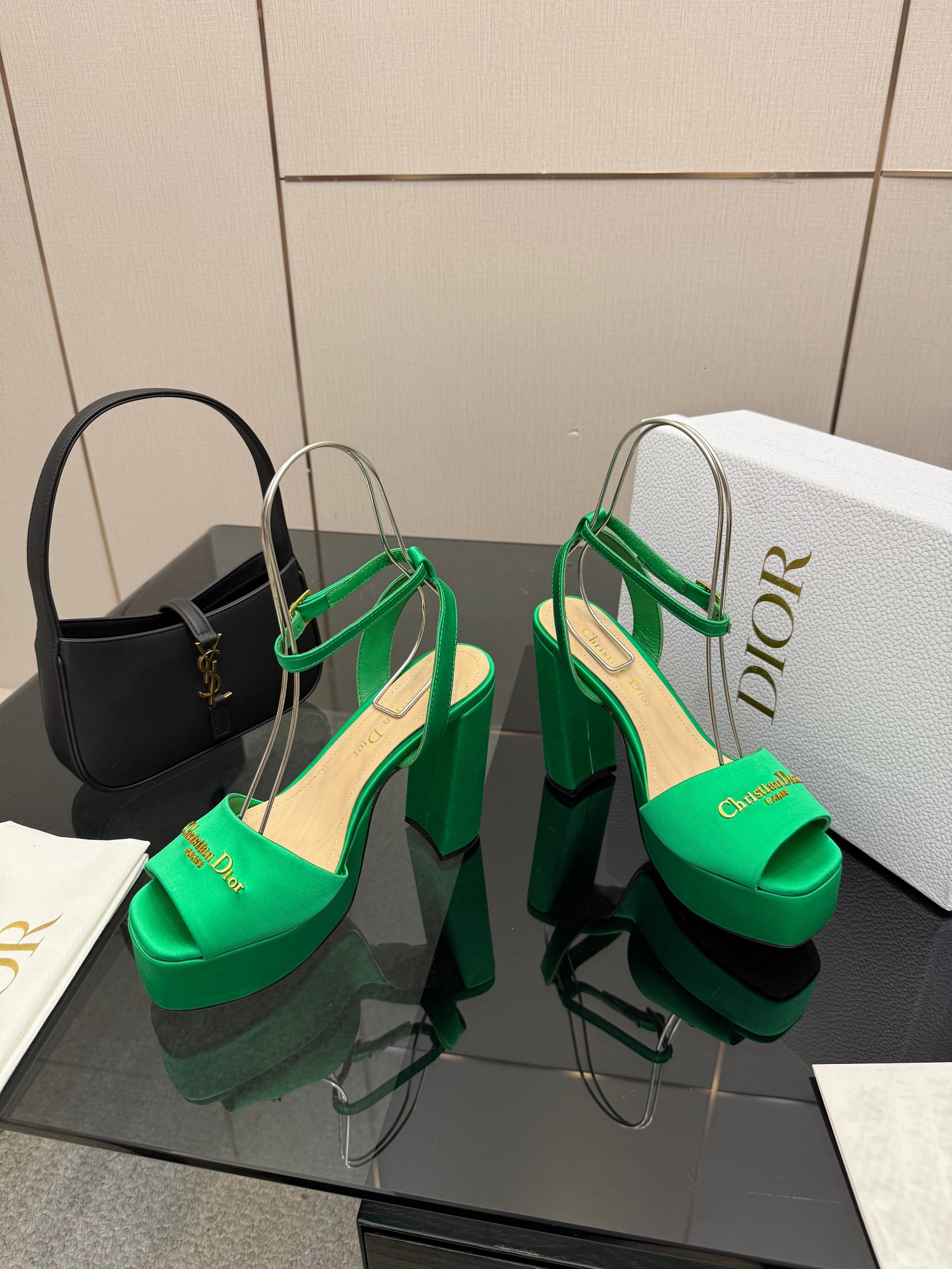 DIOR 26S HIGH HEEL SANDALS 120 MM IN GREEN SATIN