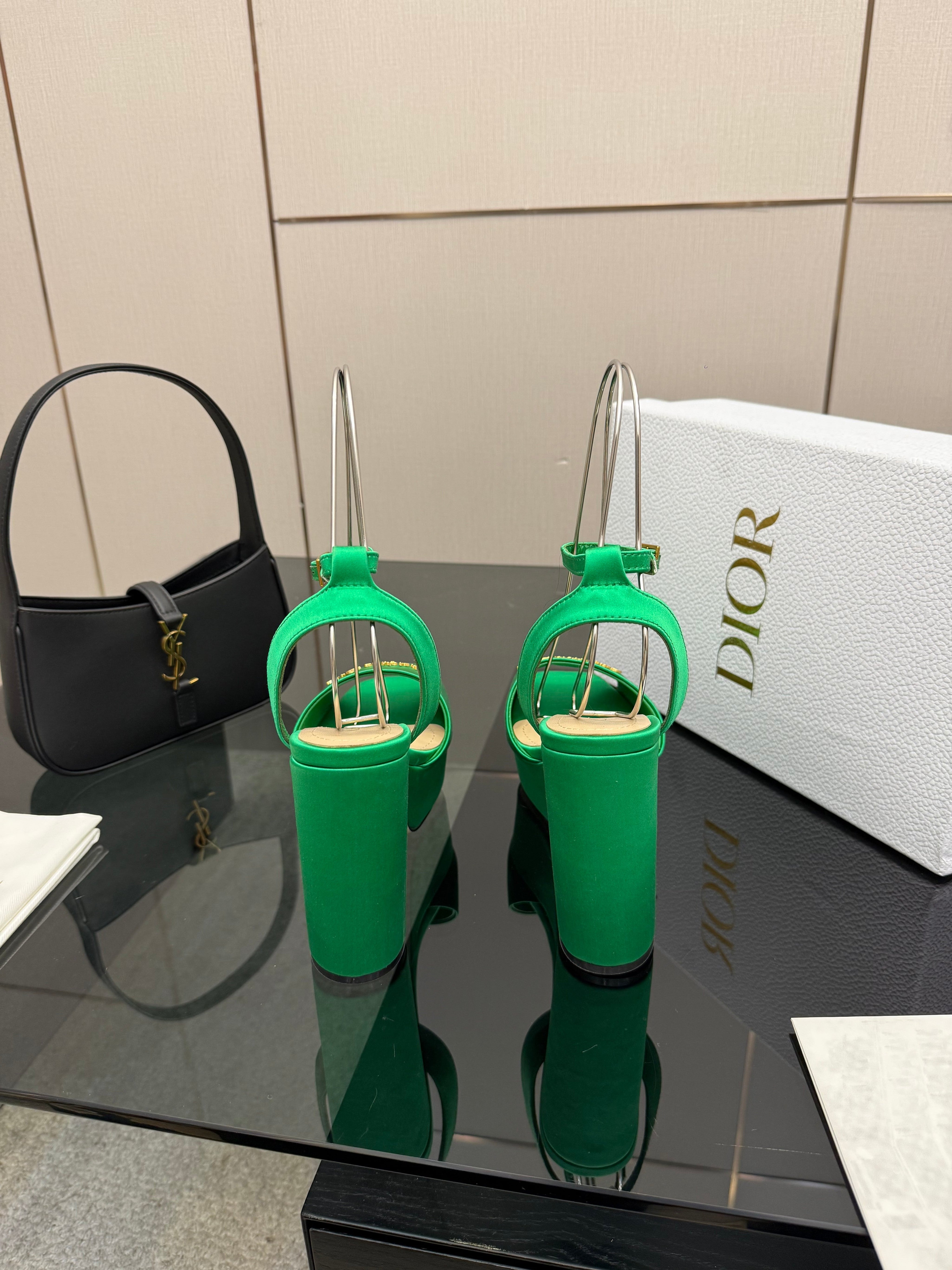 DIOR 26S HIGH HEEL SANDALS 120 MM IN GREEN SATIN