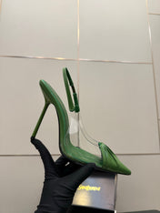 YSL 26S PLEATED SLINGBACK HEELS 105 MM IN GREEN GLOSSY CALFSKIN AND PVC