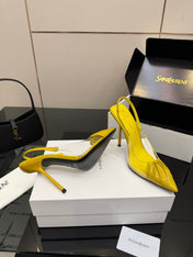 YSL 26S PLEATED SLINGBACK HEELS 105 MM IN YELLOW GLOSSY CALFSKIN AND PVC