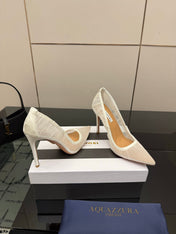 AQUAZZURA 26S OPTIC PUMPS 100 MM IN WHITE PLEATED MESH & SATIN