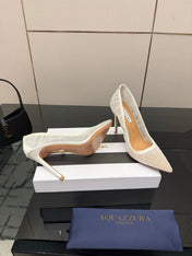 AQUAZZURA 26S OPTIC PUMPS 100 MM IN WHITE PLEATED MESH & SATIN