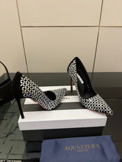 AQUAZZURA 26S HIGH HEELS 100 MM IN BLACK SUEDE CRYSTAL EMBELLISHED