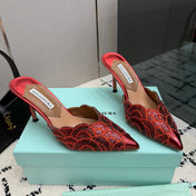 AQUAZZURA 26S HEEL MULES 85 MM IN METALLIC RED SEQUIN AND CALFSKIN