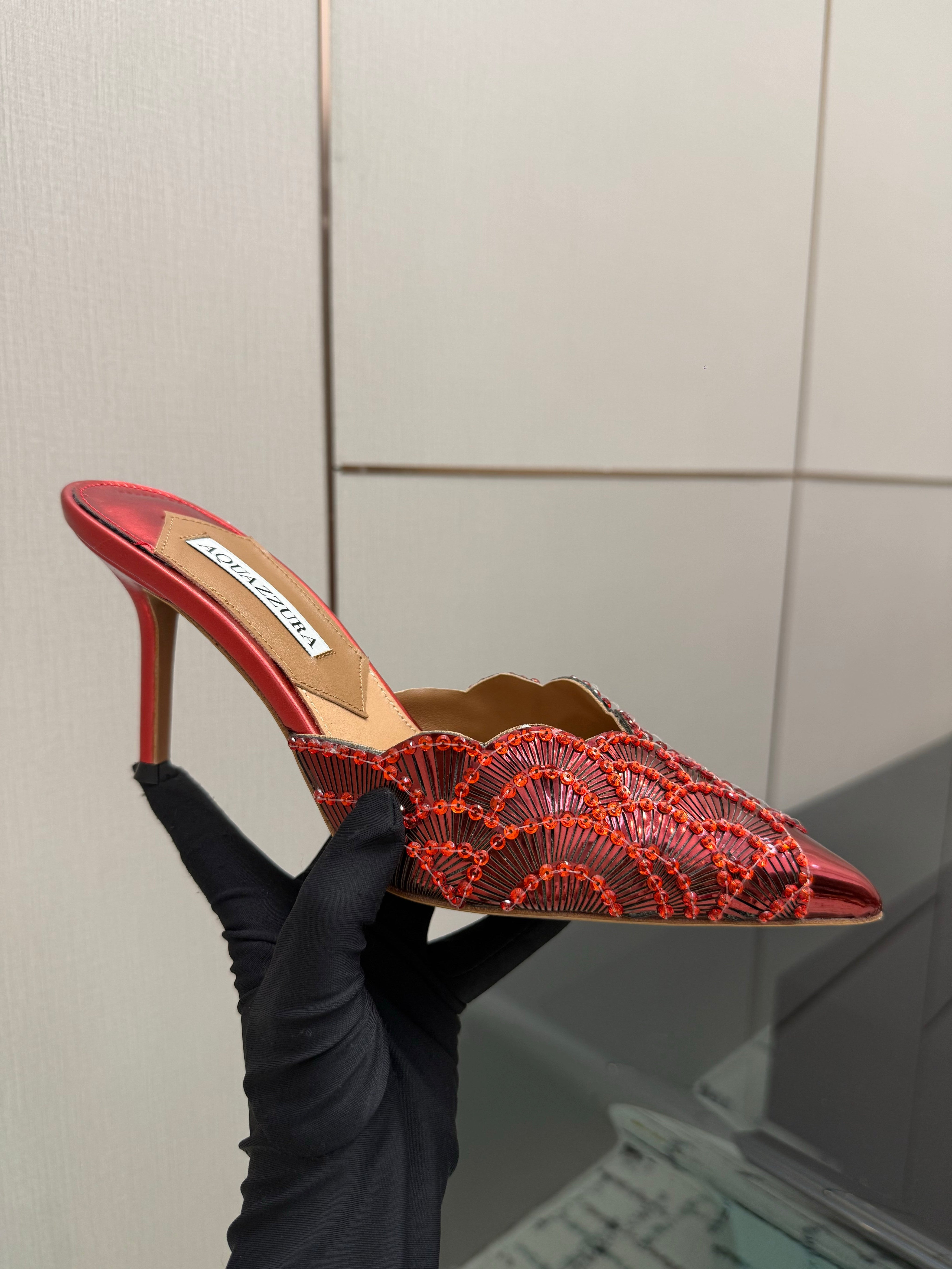 AQUAZZURA 26S HEEL MULES 85 MM IN METALLIC RED SEQUIN AND CALFSKIN